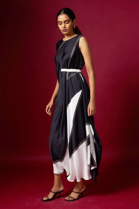 Buy_Vedika M_Black Satin Round Neck Abstract Print Sleeveless Draped Dress _Online_at_Aza_Fashions