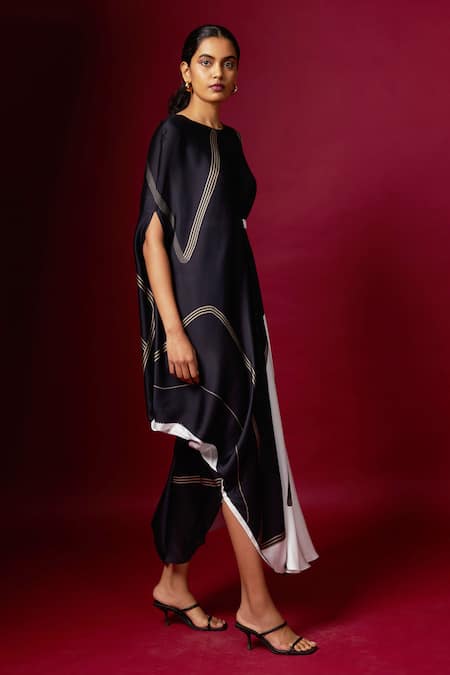 Shop_Vedika M_Black Satin Round Neck Abstract Print Sleeveless Draped Dress _Online_at_Aza_Fashions