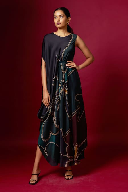 Vedika M Abstract Print Sleeveless Draped Dress 
