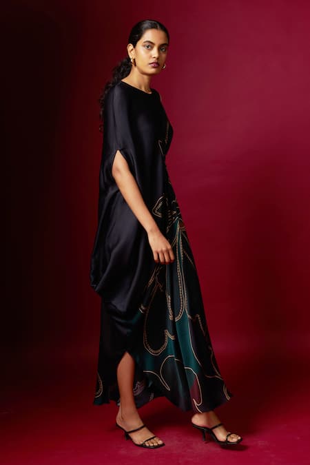 Vedika M Multi Color Satin Round Neck Abstract Print Sleeveless Draped Dress Online at Aza Fashions Vedika M_Multi Color Satin Round Neck Abstract Print Sleeveless Draped Dress _Online_at_Aza_Fashions