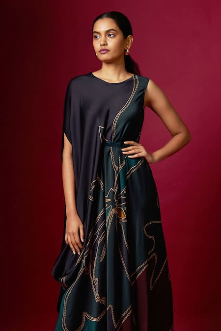 Buy Vedika M Multi Color Satin Round Neck Abstract Print Sleeveless Draped Dress Online at Aza Fashions Buy_Vedika M_Multi Color Satin Round Neck Abstract Print Sleeveless Draped Dress _Online_at_Aza_Fashions