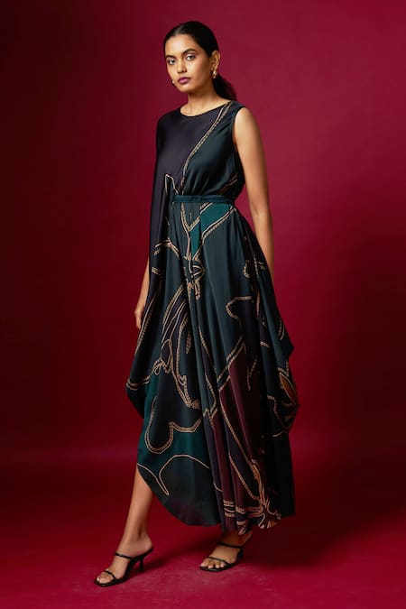 Shop Vedika M Multi Color Satin Round Neck Abstract Print Sleeveless Draped Dress Online at Aza Fashions Shop_Vedika M_Multi Color Satin Round Neck Abstract Print Sleeveless Draped Dress _Online_at_Aza_Fashions