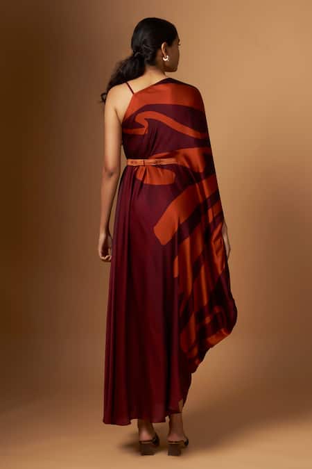 Vedika M Maroon Abstract Print V Neck Draped Dress 