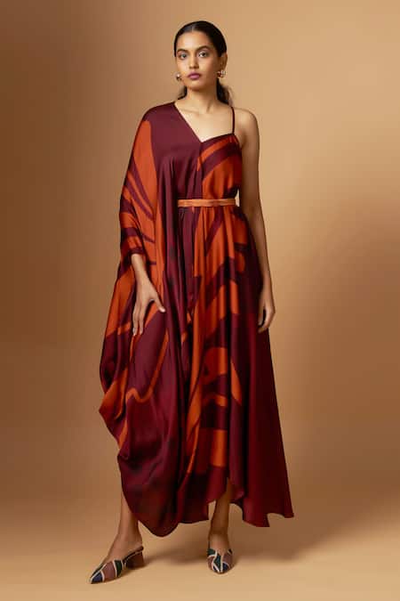 Vedika M Maroon Abstract Print V Neck Draped Dress 