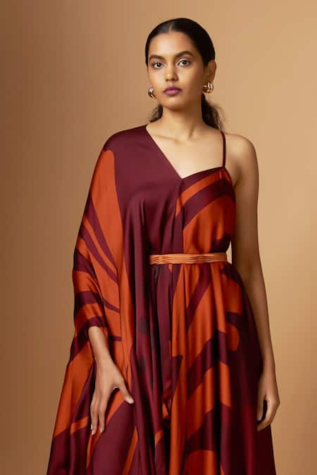 Vedika M_Maroon Satin V-neck, Asymmetric Abstract Print V Draped Dress _at_Aza_Fashions