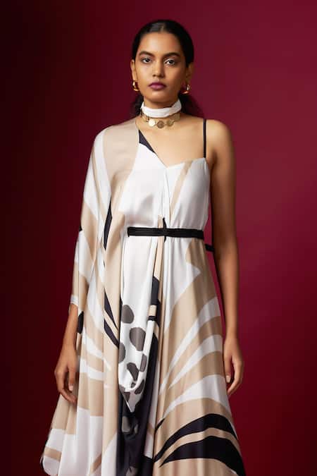 Vedika M_White Satin V-neck, Asymmetric Abstract Printed V Draped Dress _Online_at_Aza_Fashions