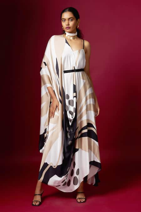 Buy_Vedika M_White Satin V-neck, Asymmetric Abstract Printed V Draped Dress _Online_at_Aza_Fashions