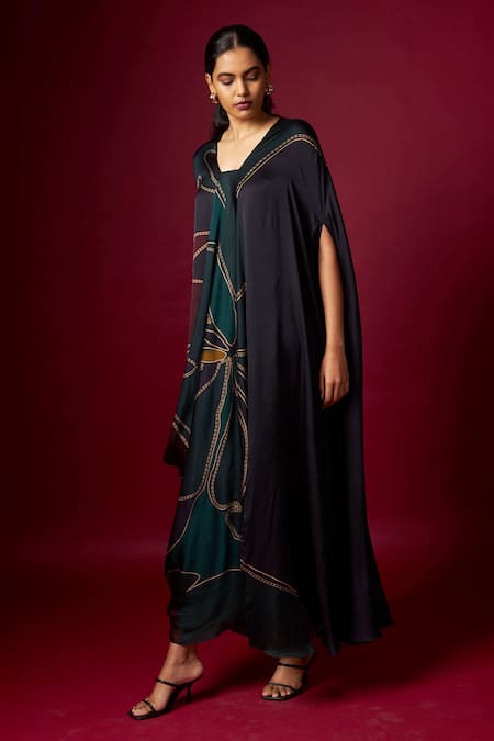 Vedika M_Multi Color Satin V-neck Abstract Print Draped Kaftan _Online_at_Aza_Fashions