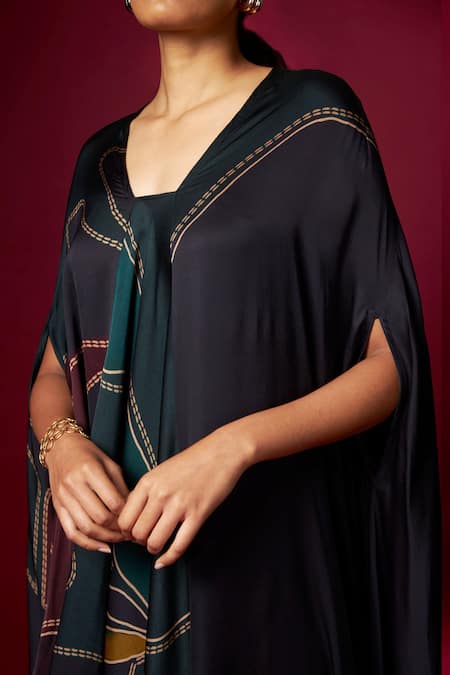 Buy_Vedika M_Multi Color Satin V-neck Abstract Print Draped Kaftan _Online_at_Aza_Fashions