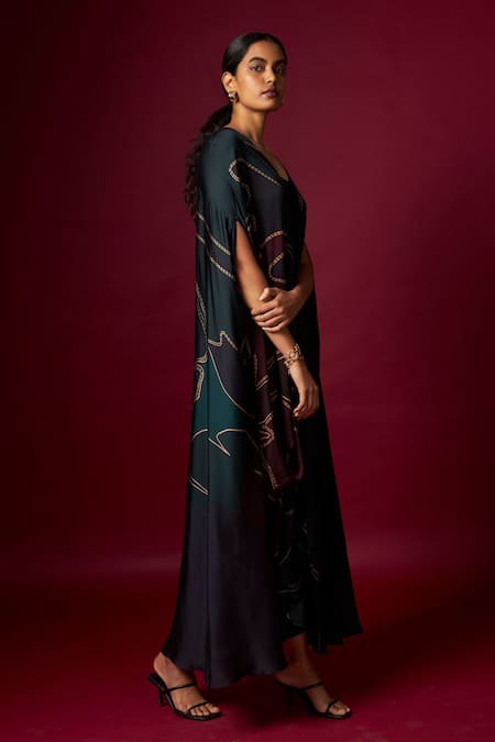 Shop_Vedika M_Multi Color Satin V-neck Abstract Print Draped Kaftan _Online_at_Aza_Fashions