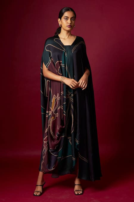 Vedika M_Multi Color Satin V-neck Abstract Print Draped Kaftan _at_Aza_Fashions