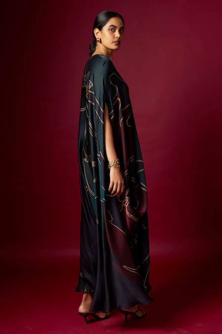 Buy_Vedika M_Multi Color Satin V-neck Abstract Print Draped Kaftan 