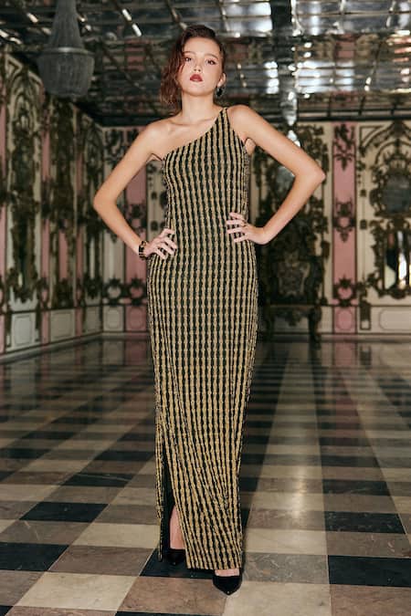 Shop_Dash And Dot_Black Polyester One Shoulder Textured Dress _Online_at_Aza_Fashions