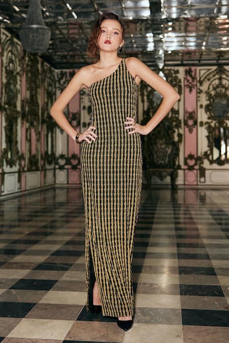 Dash And Dot_Black Polyester One Shoulder Textured Dress _at_Aza_Fashions