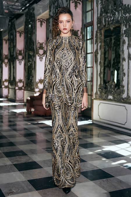 Dash And Dot_Black Polyester Embroidery, Sequins, Metallic Thread Round Neck Gold Top _Online_at_Aza_Fashions