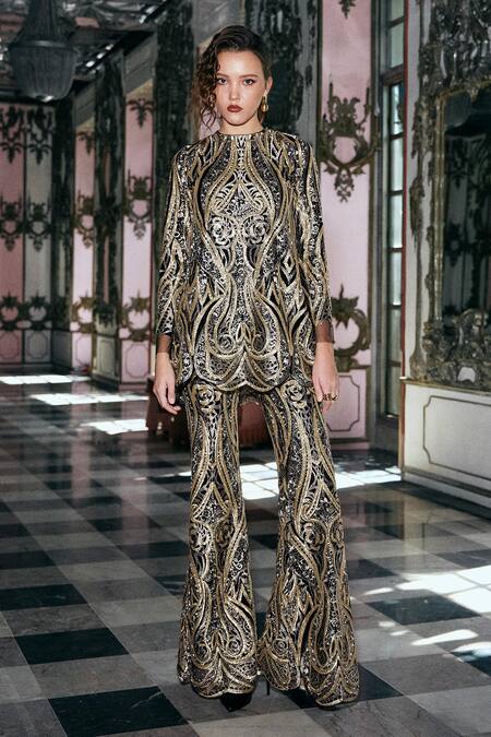 Buy Dash And Dot Black Polyester Metallic Thread, Sequins, Embroidery Round Gold Flared Pant Set Online at Aza Fashions Buy_Dash And Dot_Black Polyester Metallic Thread, Sequins, Embroidery Round Gold Flared Pant Set _Online_at_Aza_Fashions