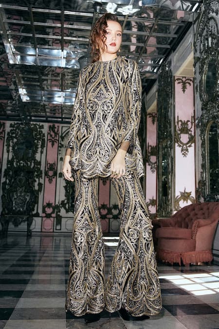 Dash And Dot_Black Polyester Metallic Thread, Sequins Gold Embroidered Flared Pant _at_Aza_Fashions