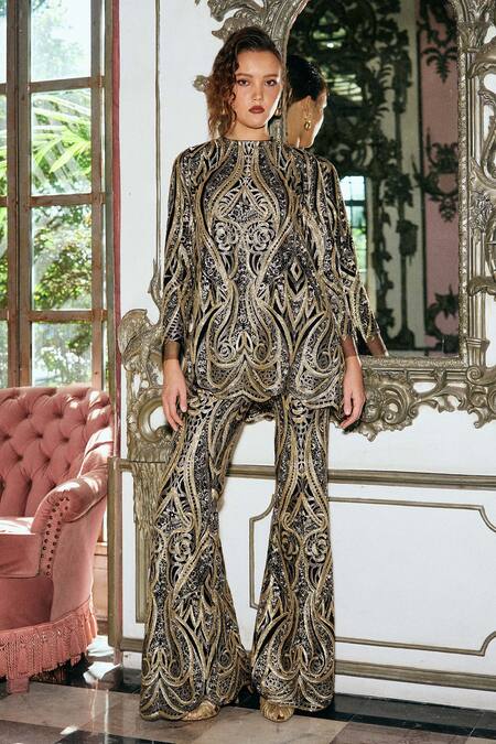 Shop_Dash And Dot_Black Polyester Metallic Thread, Sequins Gold Embroidered Flared Pant 