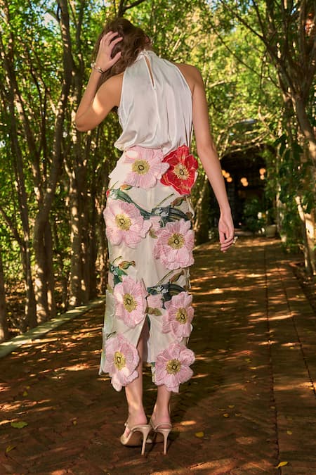 Dash And Dot Halter Top & 3D Floral Midi Skirt Set