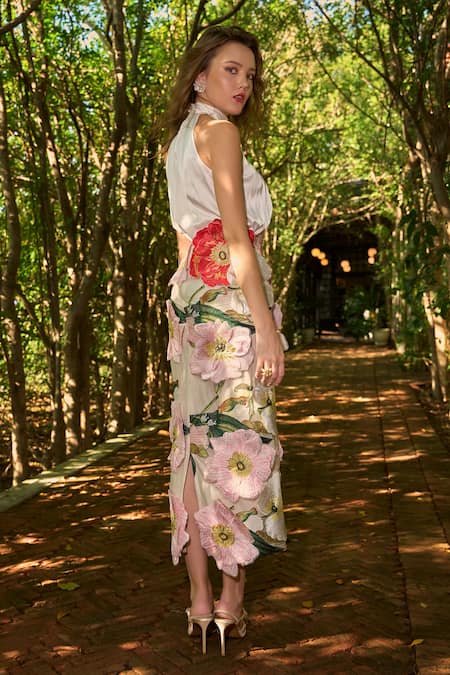 Shop_Dash And Dot_Ivory Polyester Fabric Flowers Halter Neck Top And 3d Floral Midi Skirt Set _Online_at_Aza_Fashions