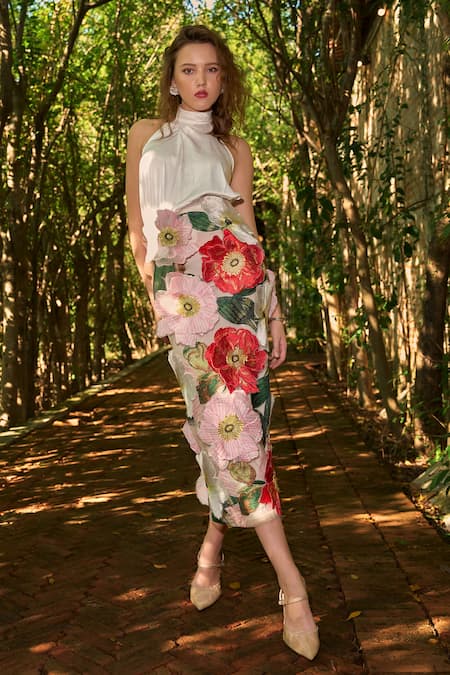 Dash And Dot_Ivory Polyester Fabric Flowers Halter Neck Top And 3d Floral Midi Skirt Set _at_Aza_Fashions