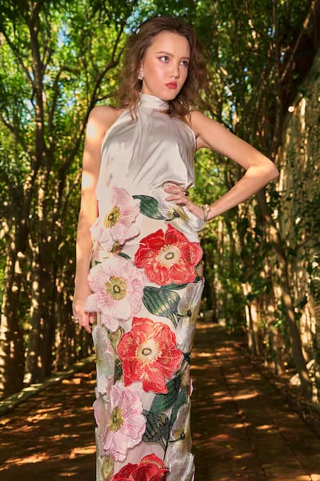 Dash And Dot_Multi Color Polyester Fabric Flowers 3d Floral Midi Skirt _Online_at_Aza_Fashions