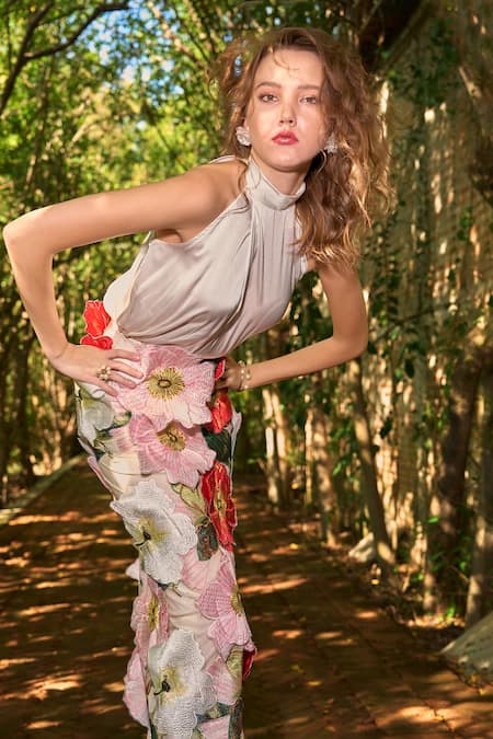 Dash And Dot_Multi Color Polyester Fabric Flowers 3d Floral Midi Skirt _at_Aza_Fashions