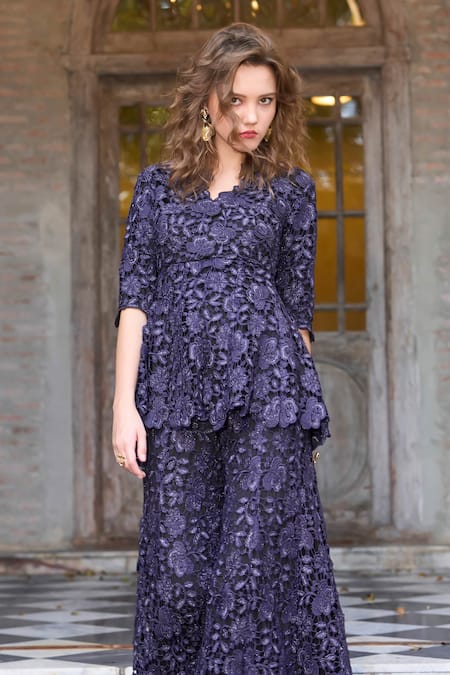 Dash And Dot_Blue Polyester, Embroidery, V-neck Peplum Top _Online_at_Aza_Fashions