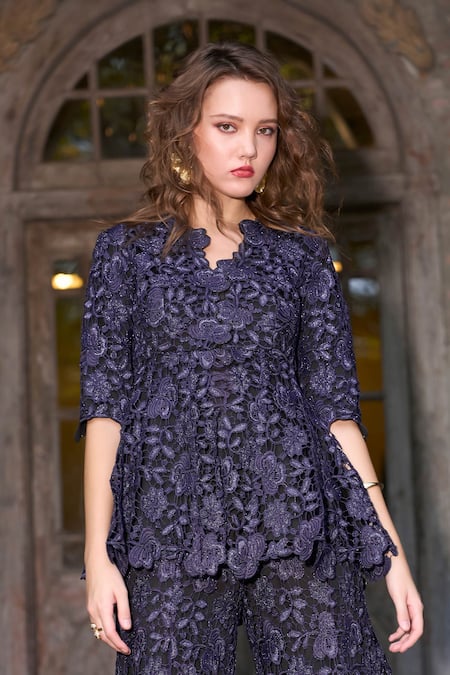 Buy_Dash And Dot_Blue Polyester, Embroidery, V-neck Peplum Top _Online_at_Aza_Fashions