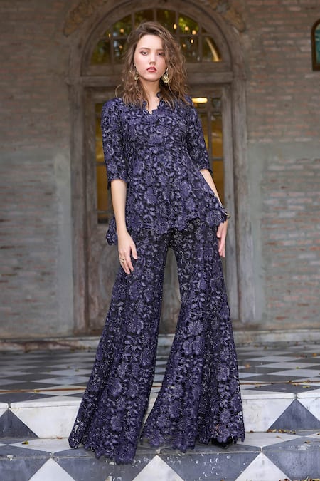 Shop_Dash And Dot_Blue Polyester, Embroidery, V-neck Peplum Top _Online_at_Aza_Fashions