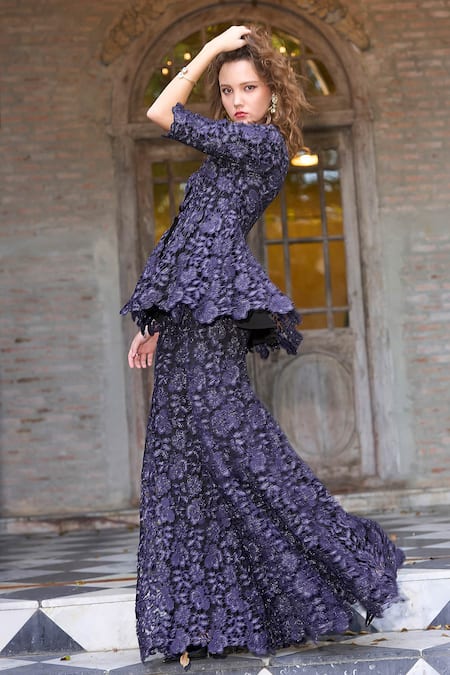 Buy_Dash And Dot_Blue Polyester, Embroidery, V-neck Peplum Top 