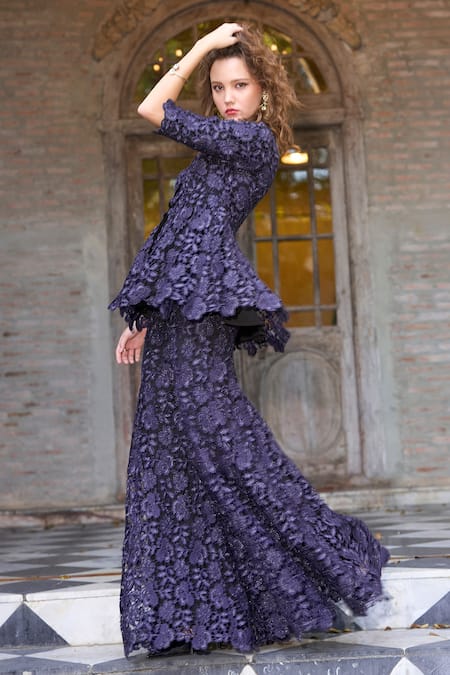 Dash And Dot Blue Polyester, Embroidery, V-neck Peplum Top And Pant Set Online at Aza Fashions Dash And Dot_Blue Polyester, Embroidery, V-neck Peplum Top And Pant Set _Online_at_Aza_Fashions