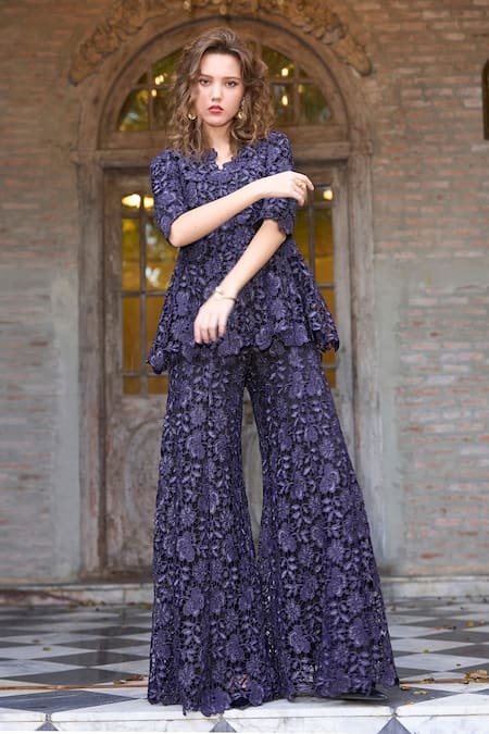 Shop Dash And Dot Blue Polyester, Embroidery, V-neck Peplum Top And Pant Set Online at Aza Fashions Shop_Dash And Dot_Blue Polyester, Embroidery, V-neck Peplum Top And Pant Set _Online_at_Aza_Fashions