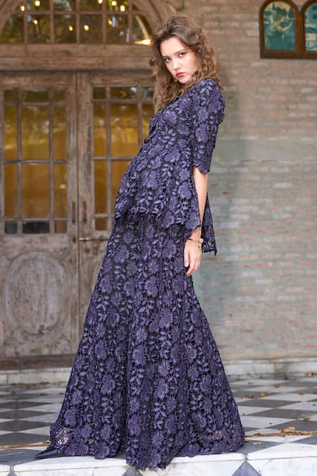 Dash And Dot Blue Polyester, Embroidery, V-neck Peplum Top And Pant Set at Aza Fashions Dash And Dot_Blue Polyester, Embroidery, V-neck Peplum Top And Pant Set _at_Aza_Fashions