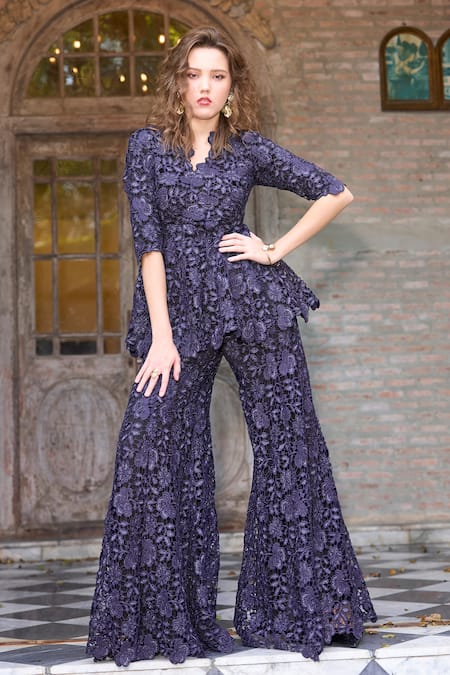 Dash And Dot Embroidered Lace Peplum Top & Pant Set 