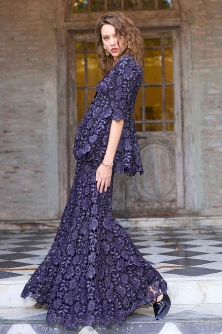 Dash And Dot Blue Polyester Embroidery Lace Flared Pant Online at Aza Fashions Dash And Dot_Blue Polyester Embroidery Lace Flared Pant _Online_at_Aza_Fashions