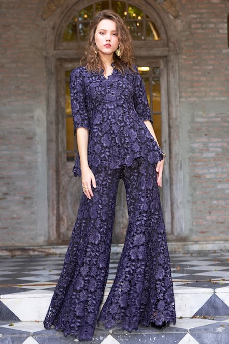Shop Dash And Dot Blue Polyester Embroidery Lace Flared Pant Online at Aza Fashions Shop_Dash And Dot_Blue Polyester Embroidery Lace Flared Pant _Online_at_Aza_Fashions
