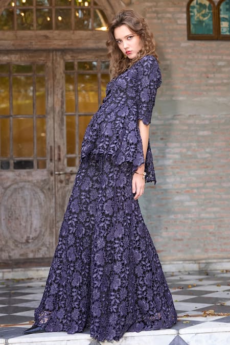 Dash And Dot Blue Polyester Embroidery Lace Flared Pant at Aza Fashions Dash And Dot_Blue Polyester Embroidery Lace Flared Pant _at_Aza_Fashions