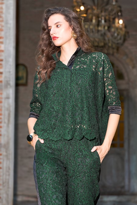 Buy Dash And Dot Emerald Green Polyester, Mandarin Collar Scalloped Pant Set Online at Aza Fashions Buy_Dash And Dot_Emerald Green Polyester, Mandarin Collar Scalloped Pant Set _Online_at_Aza_Fashions