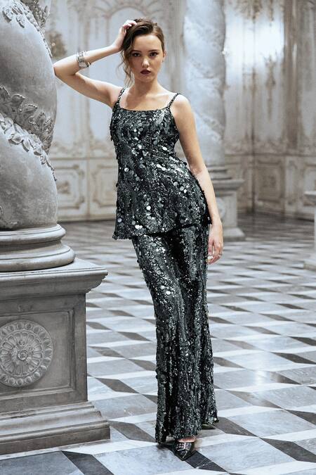 Buy_Dash And Dot_Grey Polyester Sequins Scoop Neck Paillette Peplum Top _Online_at_Aza_Fashions