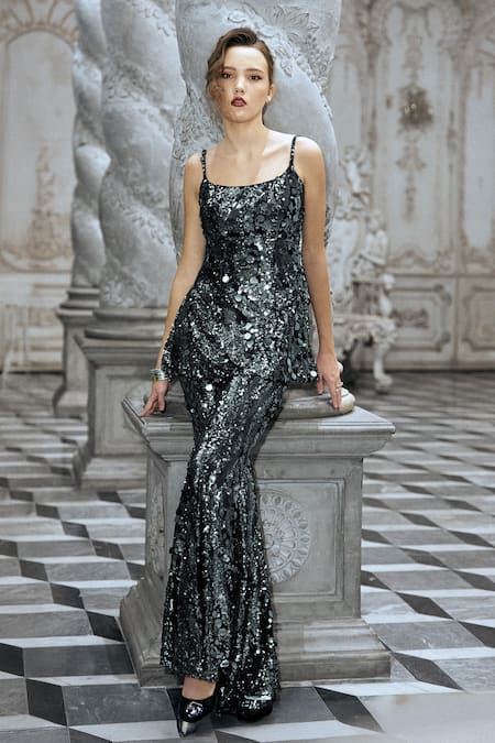 Buy_Dash And Dot_Grey Polyester Sequins Scoop Neck Paillette Peplum Top And Pant Set 