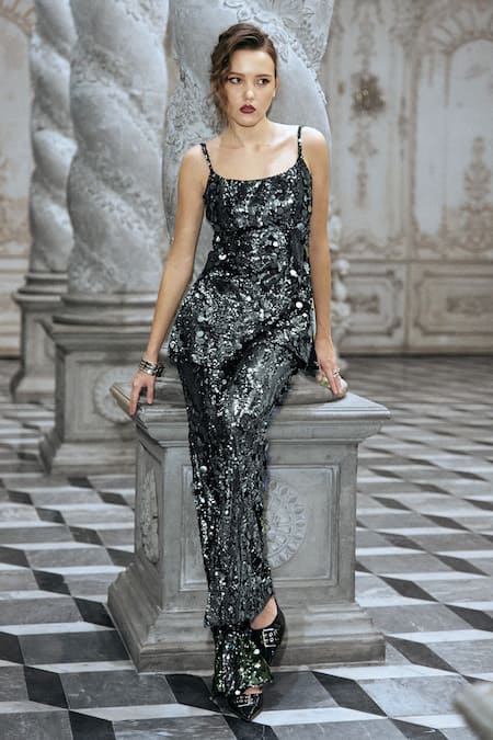 Dash And Dot_Grey Polyester Sequins Paillette Work Flared Pant _Online_at_Aza_Fashions