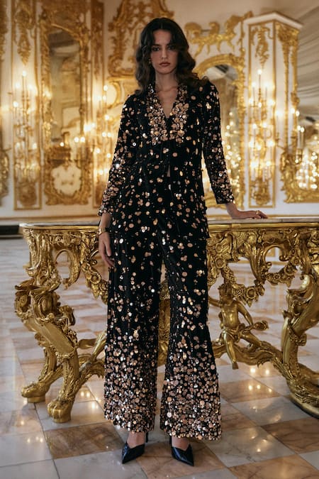 Dash And Dot Black Velvet, Polyester Sequins Paillette Embroidered Suit Set at Aza Fashions Dash And Dot_Black Velvet, Polyester Sequins Paillette Embroidered Suit Set _at_Aza_Fashions