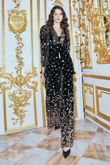 Dash And Dot Black Velvet, Polyester Sequins, Beads Paillette Embroidered Pant Online at Aza Fashions Dash And Dot_Black Velvet, Polyester Sequins, Beads Paillette Embroidered Pant _Online_at_Aza_Fashions