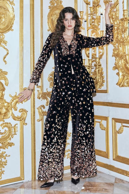 Dash And Dot Black Velvet, Polyester Sequins, Beads Paillette Embroidered Pant at Aza Fashions Dash And Dot_Black Velvet, Polyester Sequins, Beads Paillette Embroidered Pant _at_Aza_Fashions