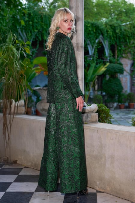 Dash And Dot_Black Polyester Brocade Wide-legged Pant _Online_at_Aza_Fashions