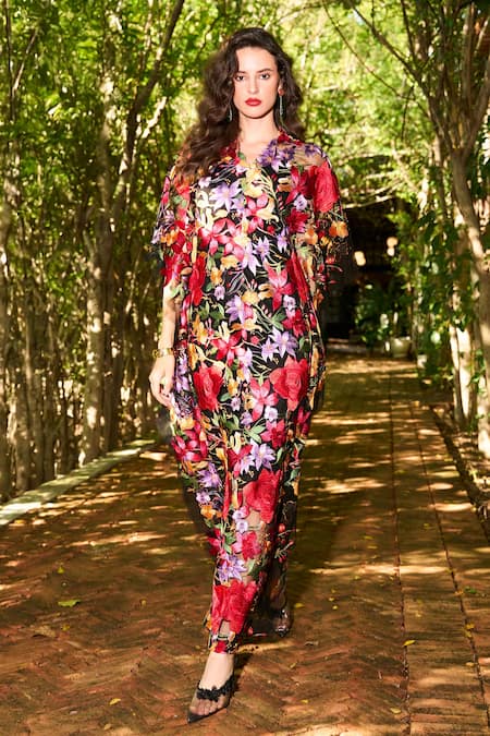 Dash And Dot_Multi Color Polyester Embroidery V-neck Floral Kaftan _Online_at_Aza_Fashions