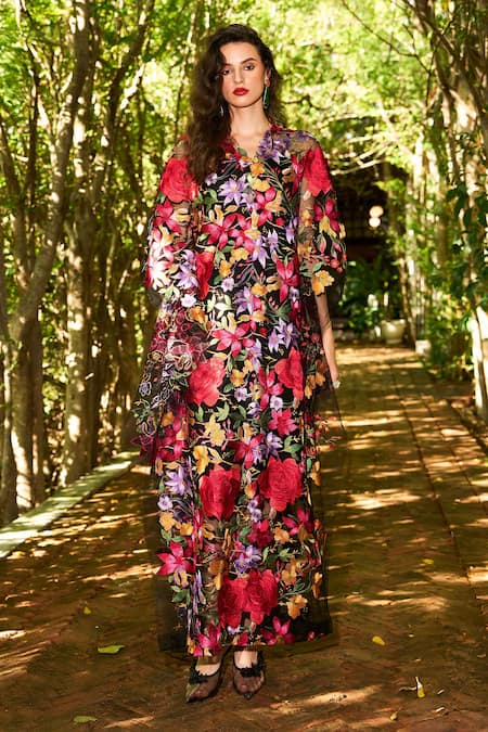 Buy_Dash And Dot_Multi Color Polyester Embroidery V-neck Floral Kaftan _Online_at_Aza_Fashions