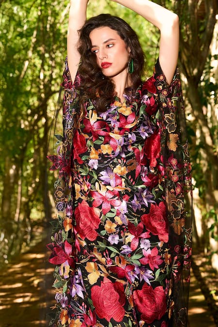 Dash And Dot_Multi Color Polyester Embroidery V-neck Floral Kaftan _at_Aza_Fashions