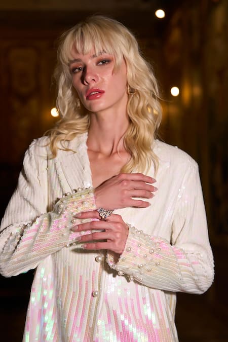 Shop_Dash And Dot_Ivory Polyester Sequins, Pearls Ombre And Work Blazer _Online_at_Aza_Fashions